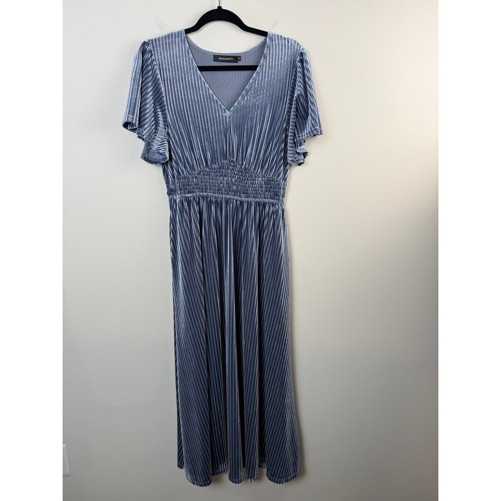 Dusty‎ Blue Velvet Maxi Dress Women's Medium Flutter Sleeve Smocked Waist